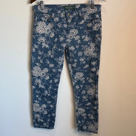 LRL Lauren Jeans Co. Blue Cream Floral Denim Jeans 5 Pocket Size 4P - Picture 1 of 5